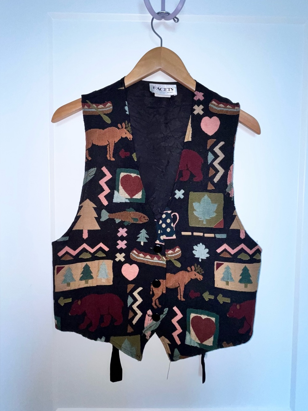 Woodland Motif Button Front Vest in Black with Earth Tones
